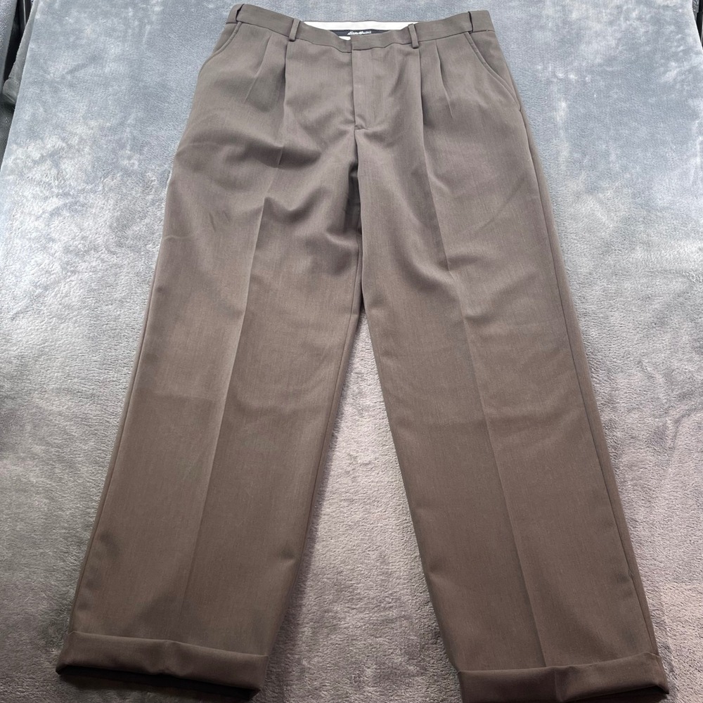 Eddie Bauer Mens 36x34 Brown 100% Wool Pleated Cuffed Classic Fit Dress Pants
